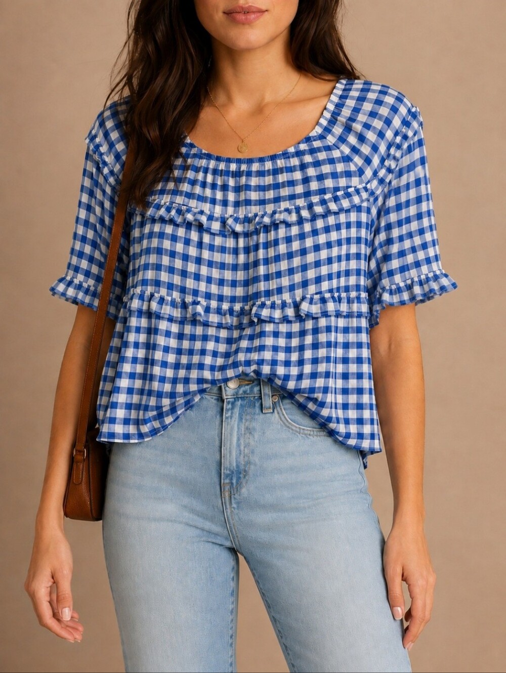 Oversized Blue Gingham Ruffled Babydoll Blouse - Buenos Ninos